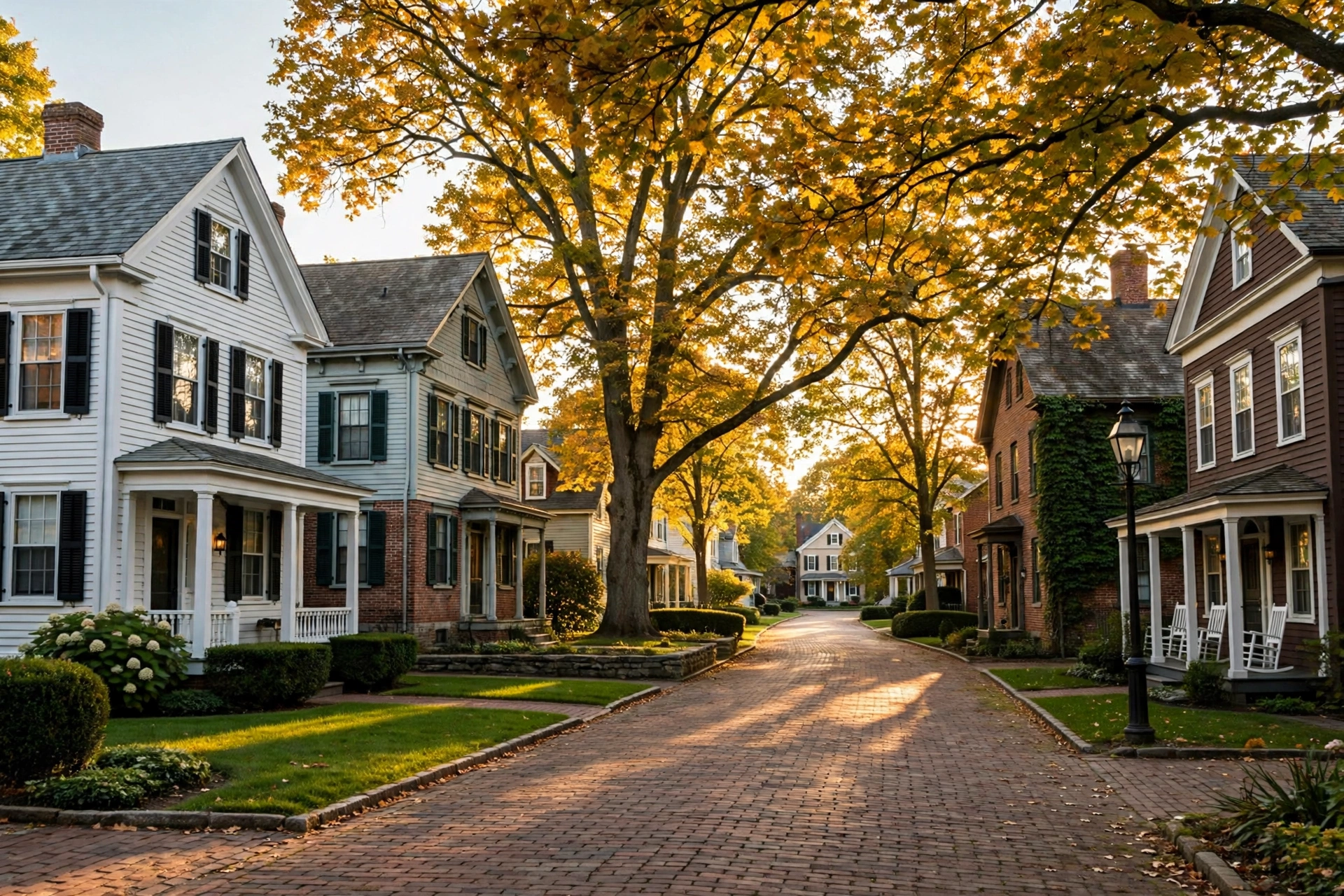 Brick-lined Broadway streetscape in Granville, Ohio, home to Denison University — historic homes our local specialists serve across 43023