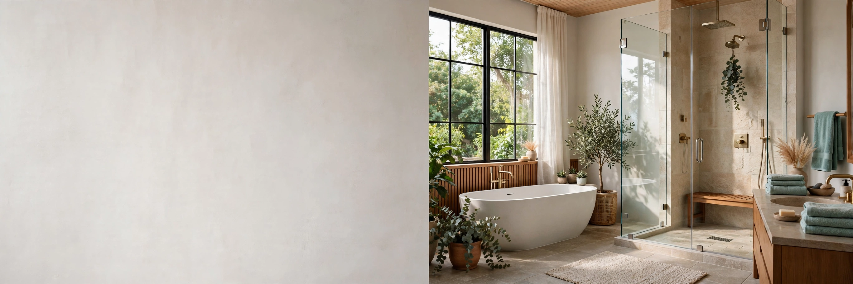 Spa-style bathroom with a walk-in glass shower, freestanding soaking tub and warm wood accents