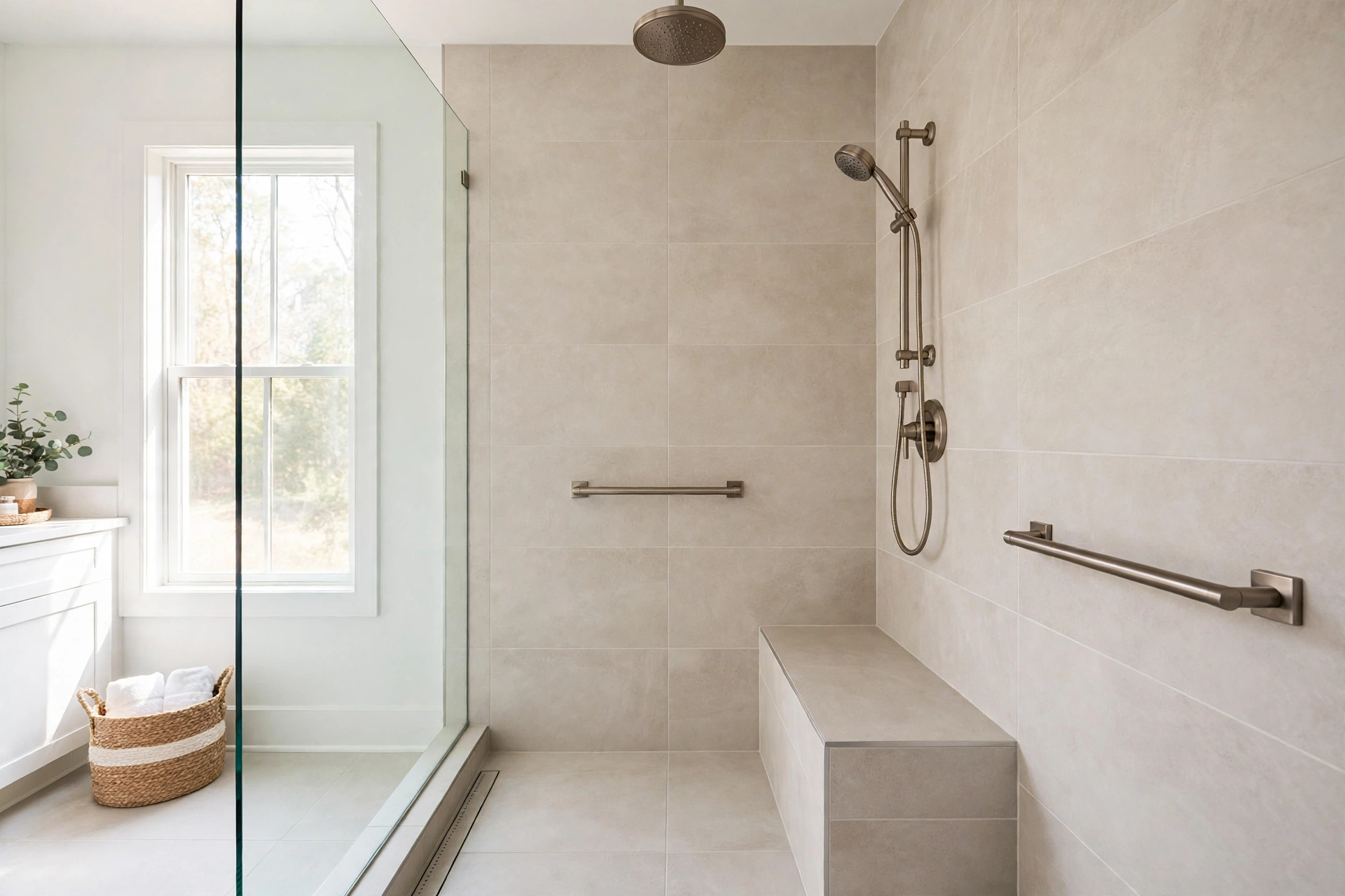 Newly replaced walk-in shower with tiled bench seat, grab bars, rainfall head and handheld shower wand