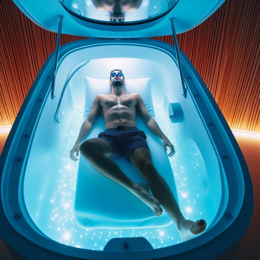 person comfortably floating inside a well-lit float pod with Epsom salt water